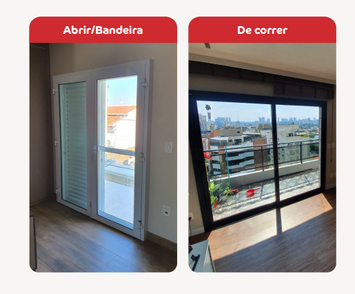 Imagem com tipos de portas acústicas vendidas na Frames: Abrir/Bandeira e De correr. 