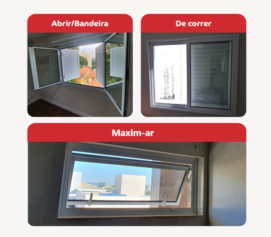 Tipos de janelas acústicas vendidas na Frames: Abrir/Bandeira e De correr e Maxim-ar