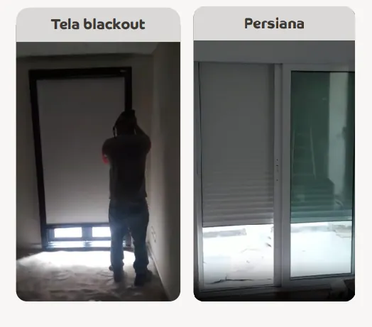 Janela acústica com persiana e janela com tela blackout, opções de vedação e controle de luz e som.